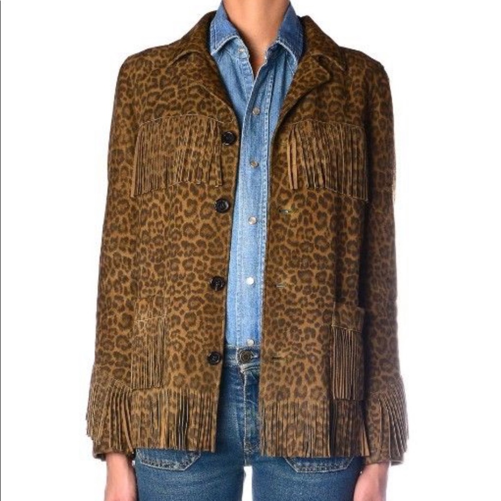 Saint Laurent Curtis Suede Fringe Jacket Leopard